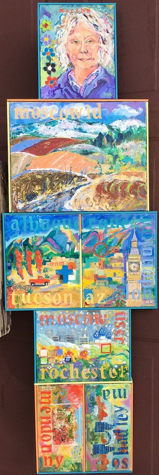 multiple paintings of places and Martha's self-portrait
